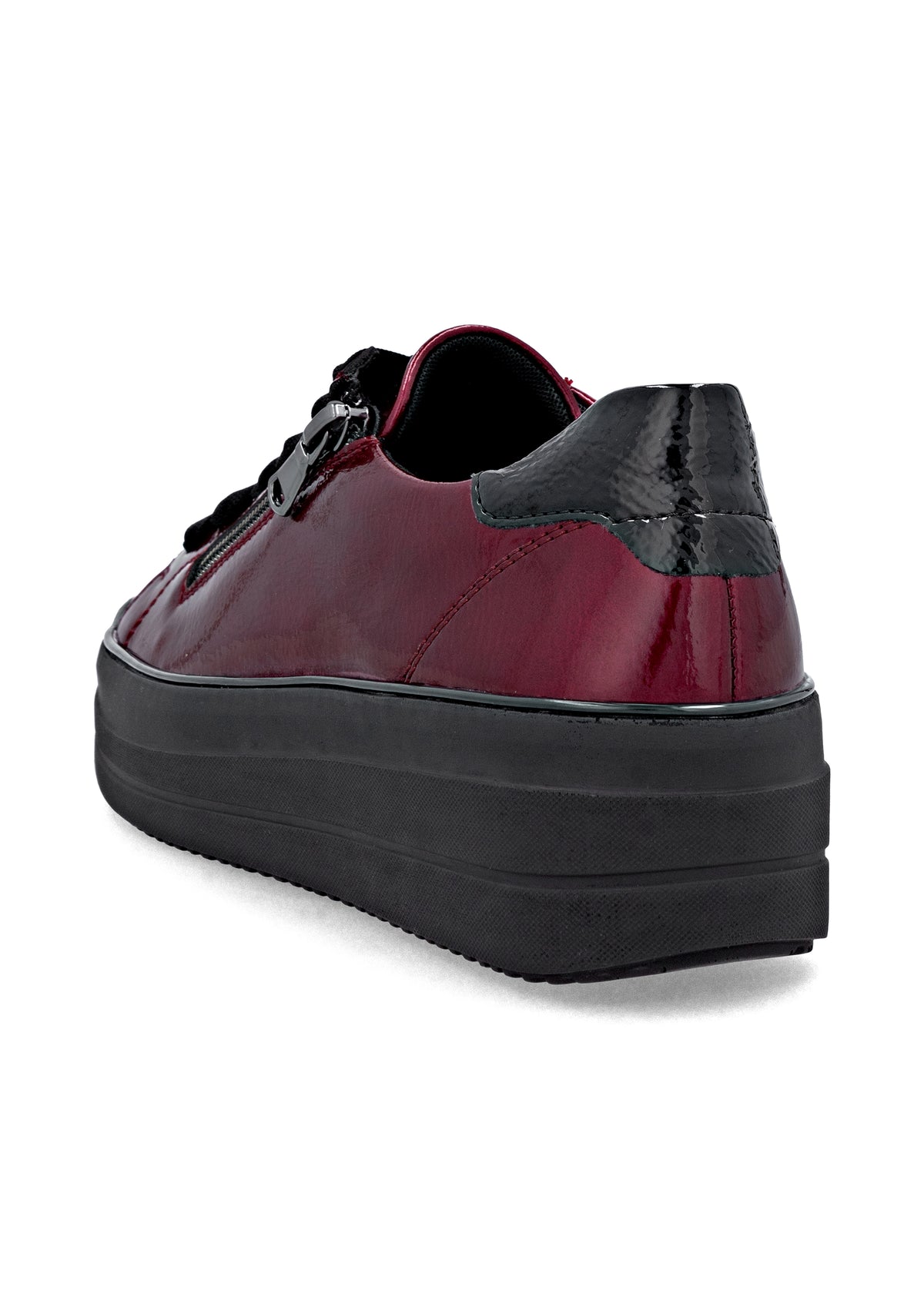 Sneakers with thick sole - dark red patent leather, silver-colored lace decorations