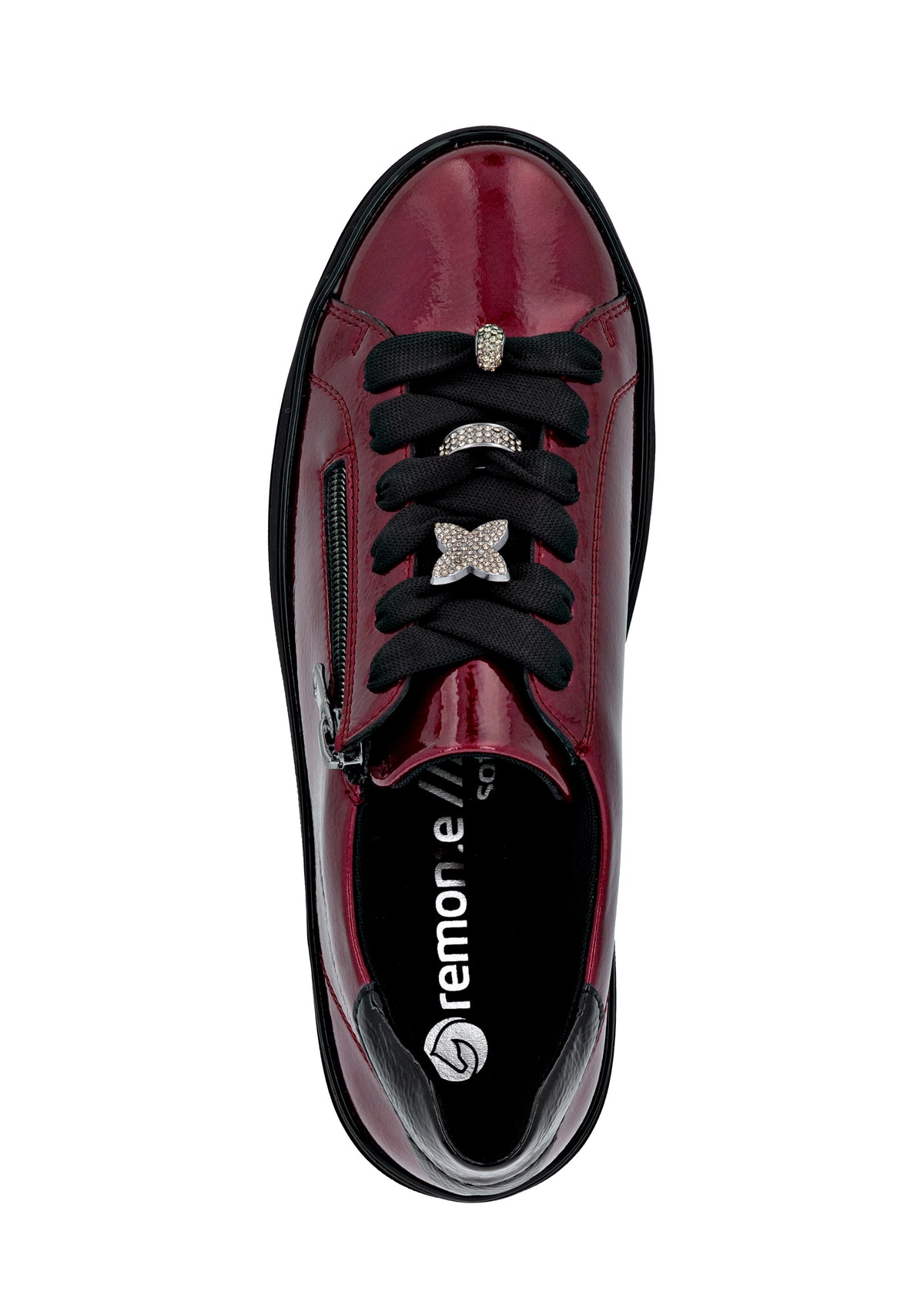 Sneakers with thick sole - dark red patent leather, silver-colored lace decorations