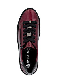 Sneakers with thick sole - dark red patent leather, silver-colored lace decorations
