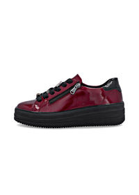 Sneakers with thick sole - dark red patent leather, silver-colored lace decorations