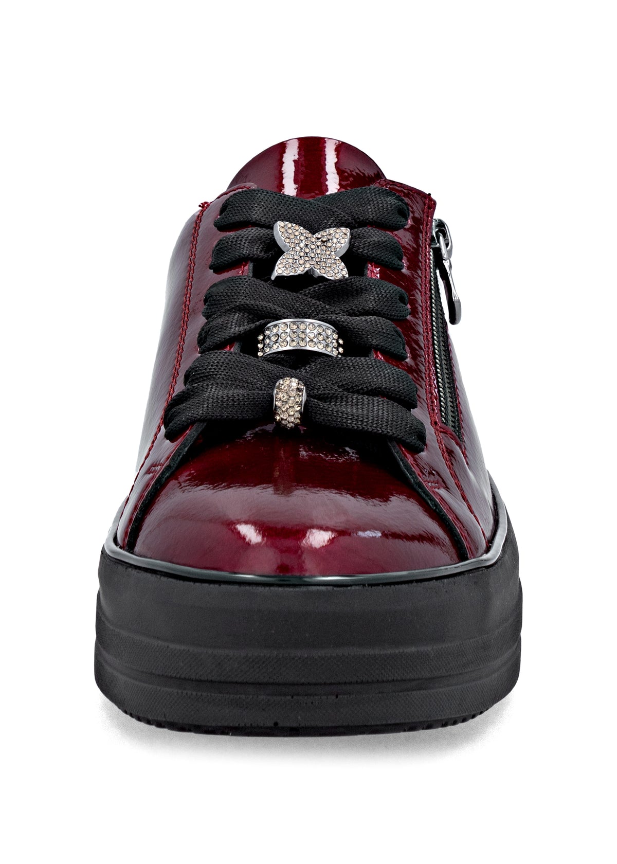 Sneakers with thick sole - dark red patent leather, silver-colored lace decorations
