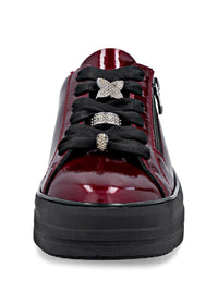 Sneakers with thick sole - dark red patent leather, silver-colored lace decorations