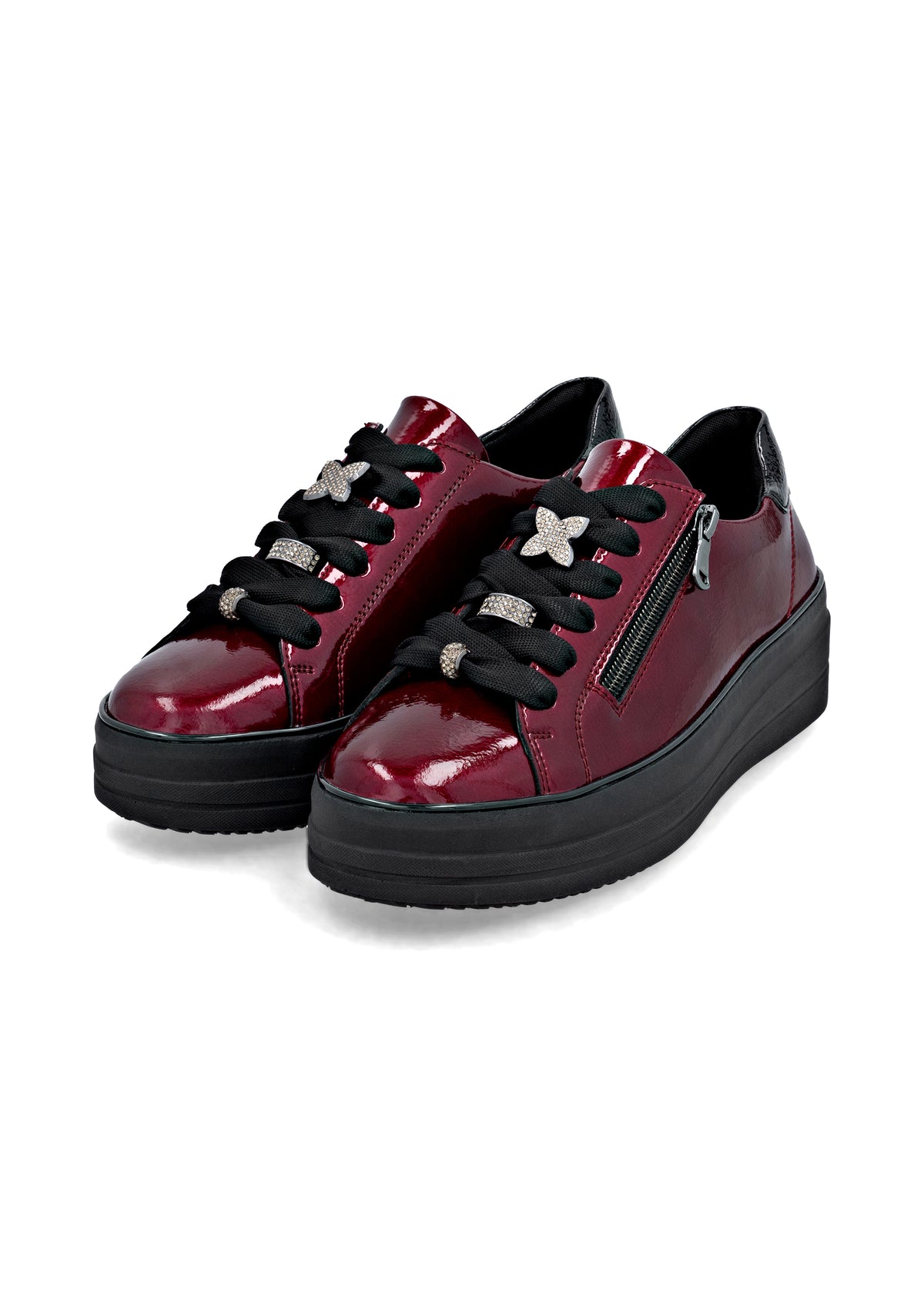 Sneakers with thick sole - dark red patent leather, silver-colored lace decorations