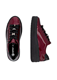 Sneakers with thick sole - dark red patent leather, silver-colored lace decorations