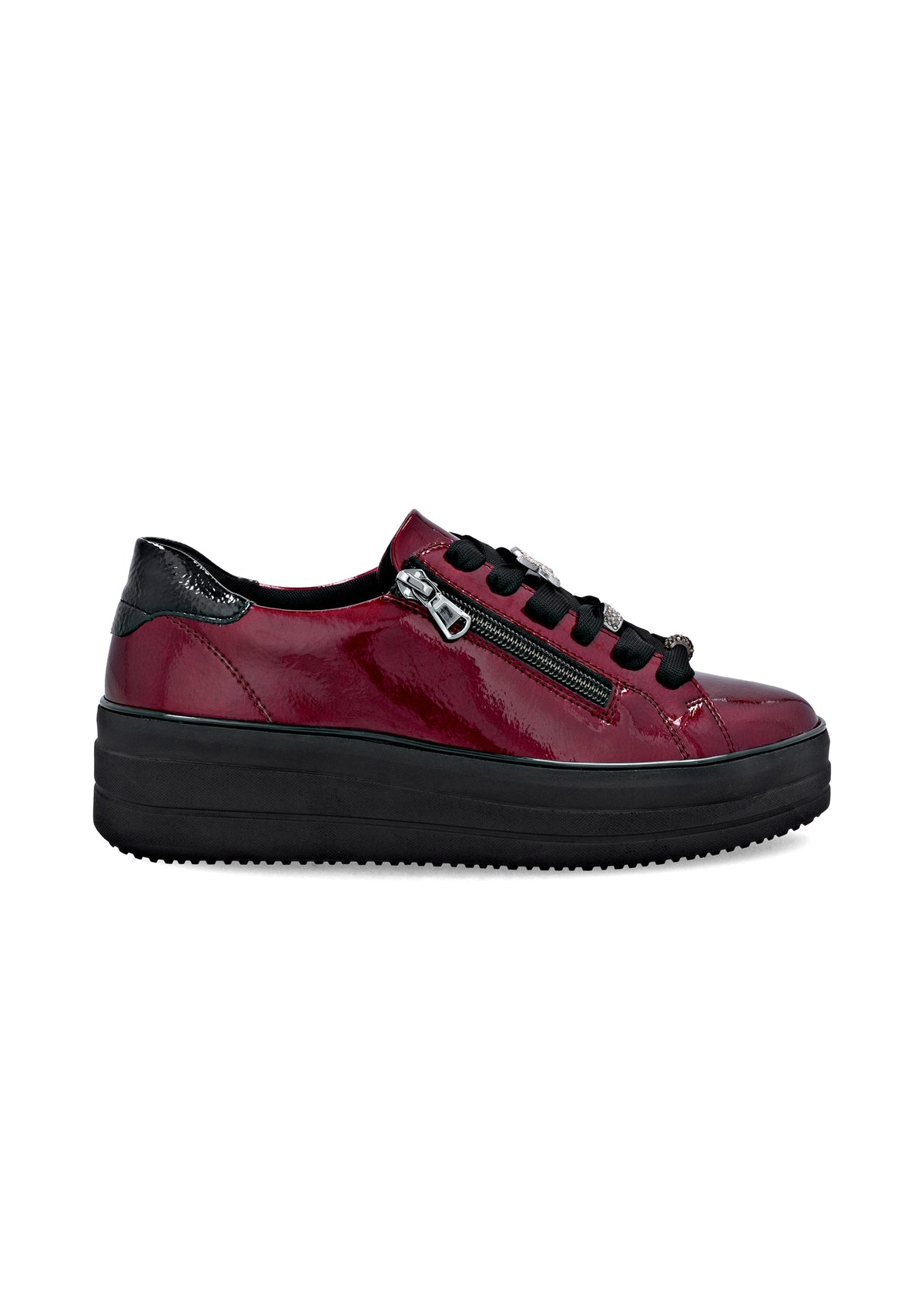 Sneakers with thick sole - dark red patent leather, silver-colored lace decorations