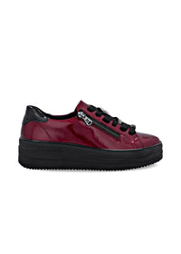 Sneakers with thick sole - dark red patent leather, silver-colored lace decorations