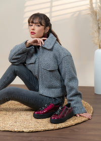 Sneakers with thick sole - dark red patent leather, silver-colored lace decorations