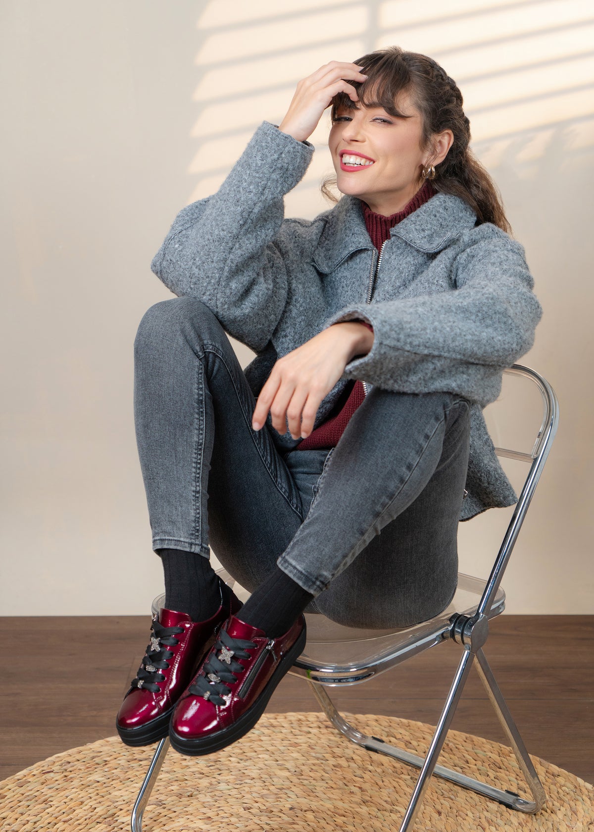 Sneakers with thick sole - dark red patent leather, silver-colored lace decorations