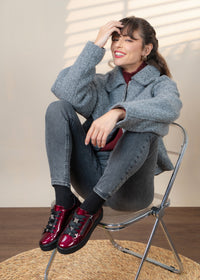 Sneakers with thick sole - dark red patent leather, silver-colored lace decorations