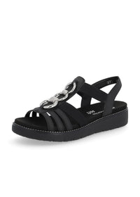 Sandaler med elastiska remmar - svart, silverfärgade prydnader, vegansk