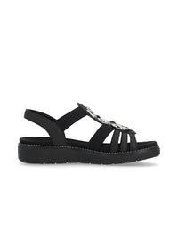 Sandaler med elastiska remmar - svart, silverfärgade prydnader, vegansk