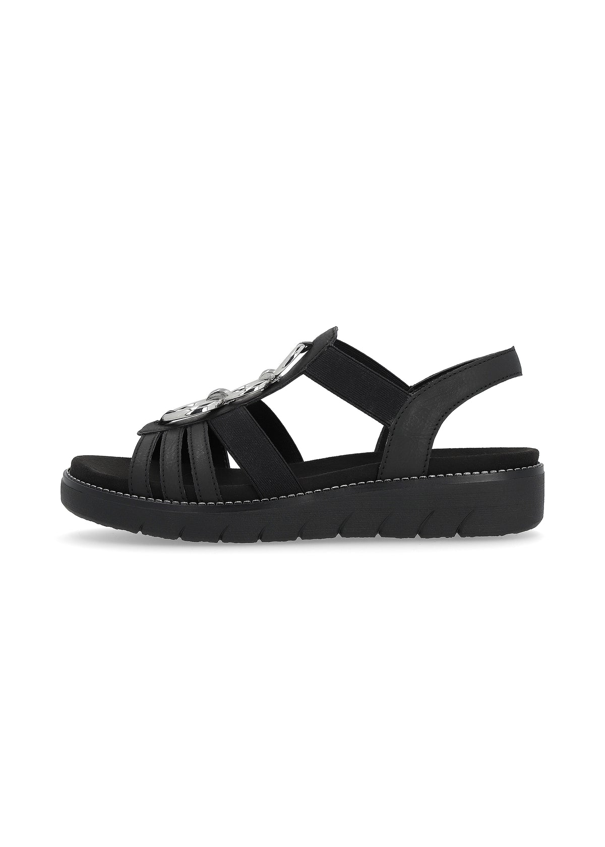 Sandaler med elastiska remmar - svart, silverfärgade prydnader, vegansk