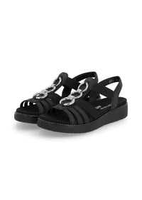 Sandaler med elastiska remmar - svart, silverfärgade prydnader, vegansk