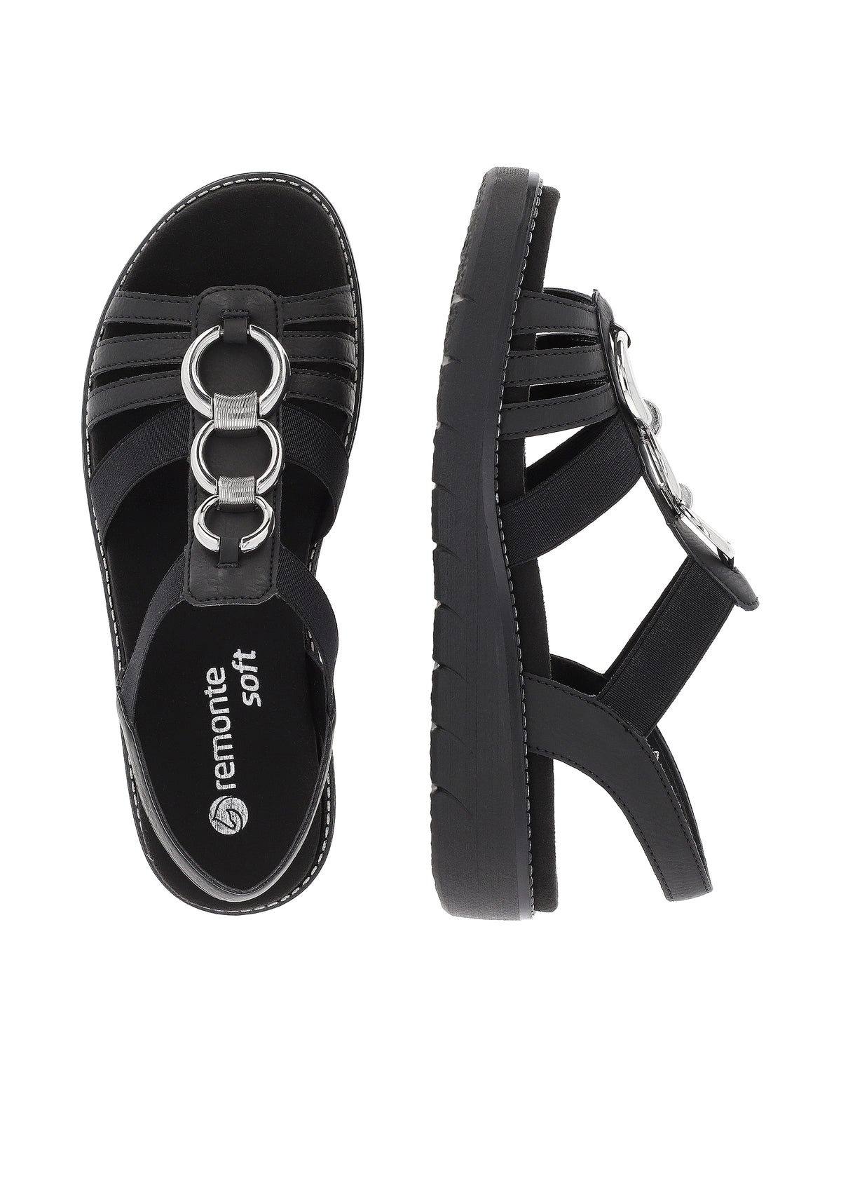 Sandaler med elastiska remmar - svart, silverfärgade prydnader, vegansk