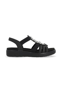 Sandaler med elastiska remmar - svart, silverfärgade prydnader, vegansk