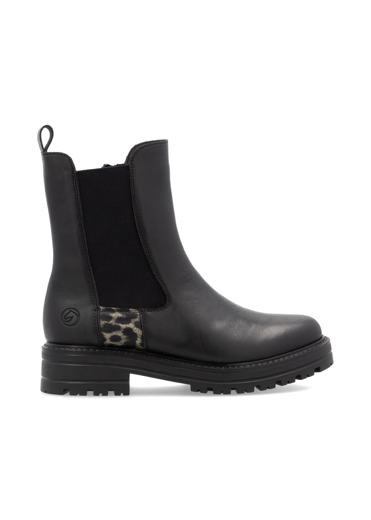 Chelsea ankle boots with thick sole - black leather, leopard pattern