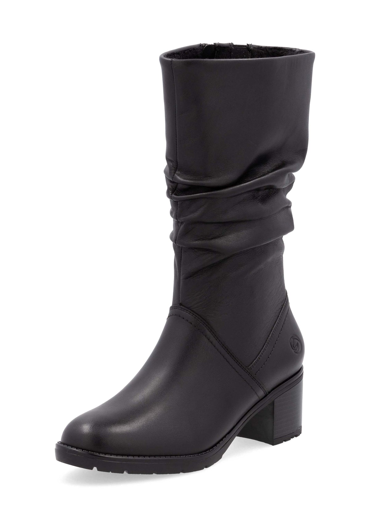 Boots with block heel - black leather, wrinkled shaft
