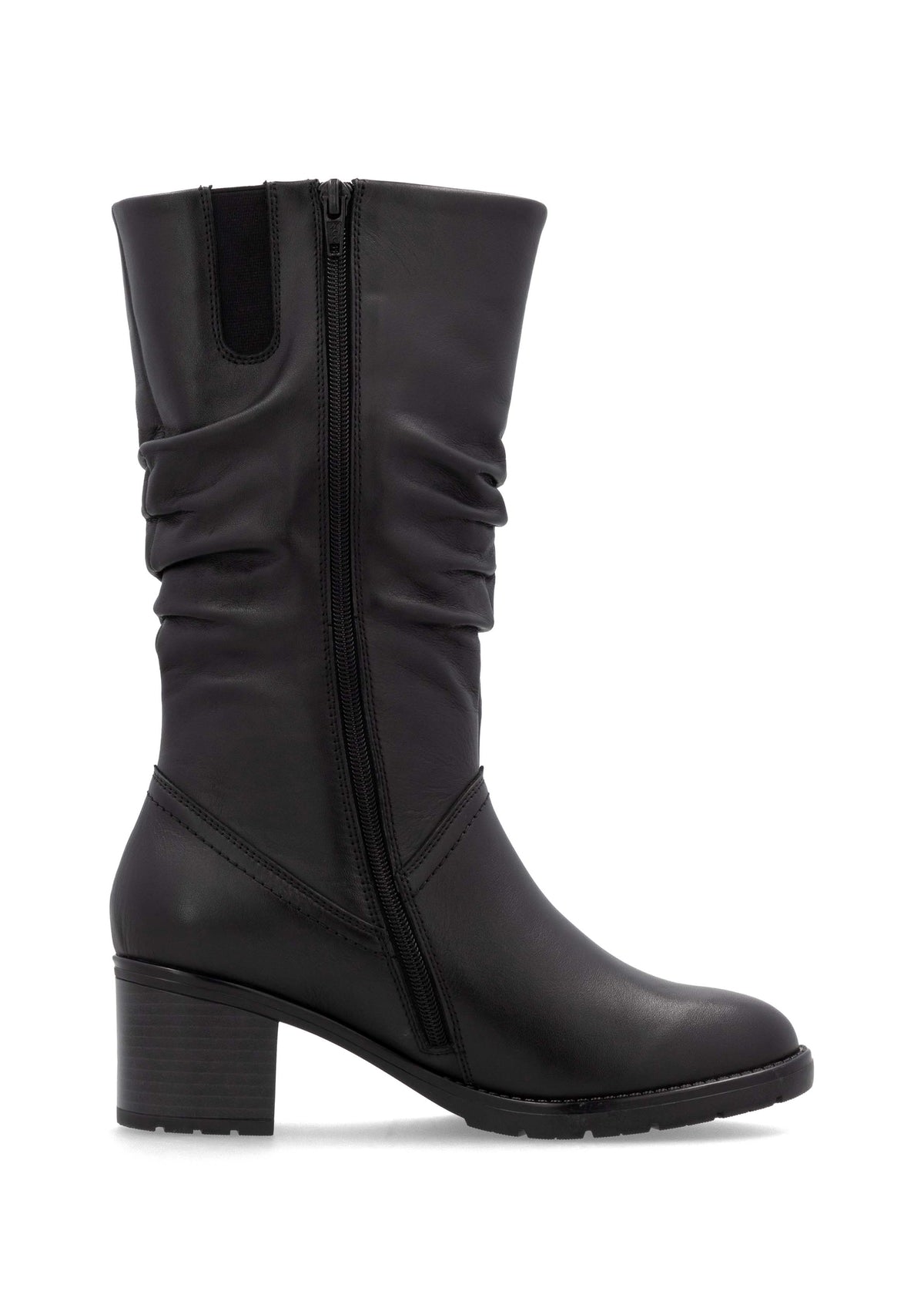 Boots with block heel - black leather, wrinkled shaft