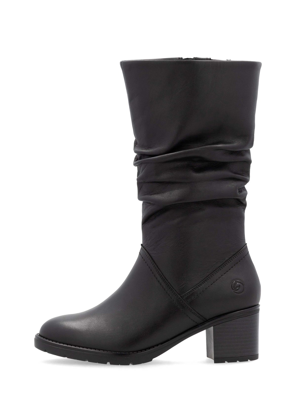 Boots with block heel - black leather, wrinkled shaft