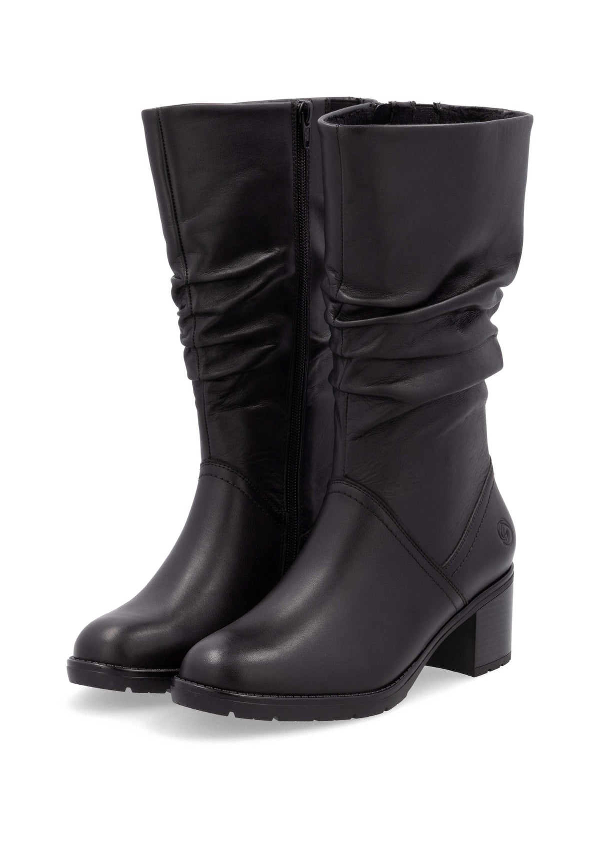 Boots with block heel - black leather, wrinkled shaft
