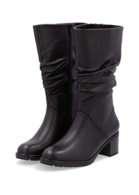 Boots with block heel - black leather, wrinkled shaft