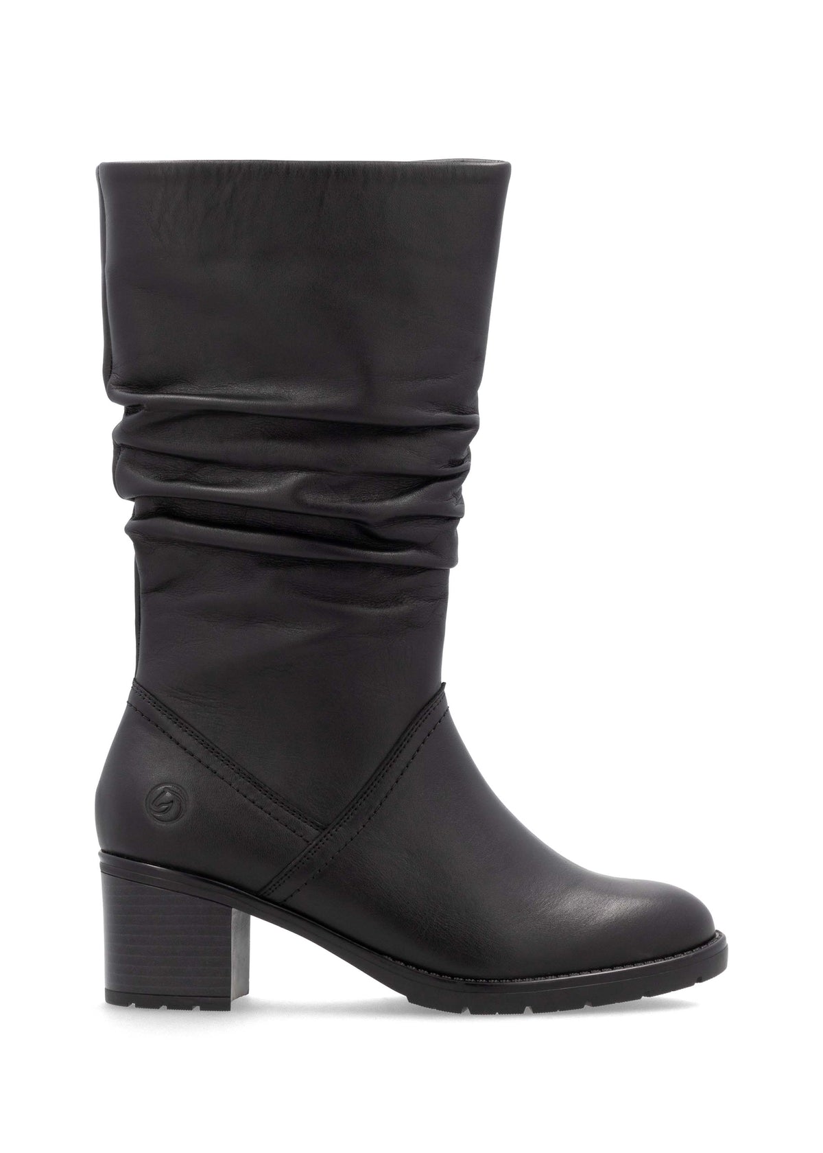 Boots with block heel - black leather, wrinkled shaft