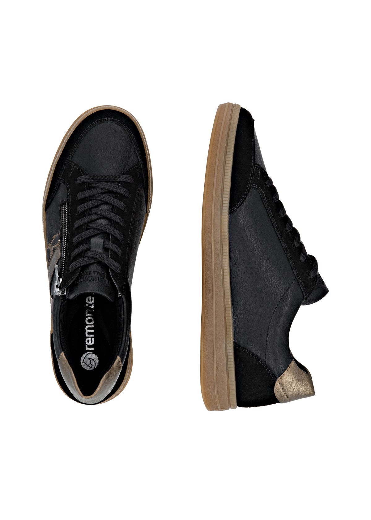 Sneakers - black leather, brown sole and details
