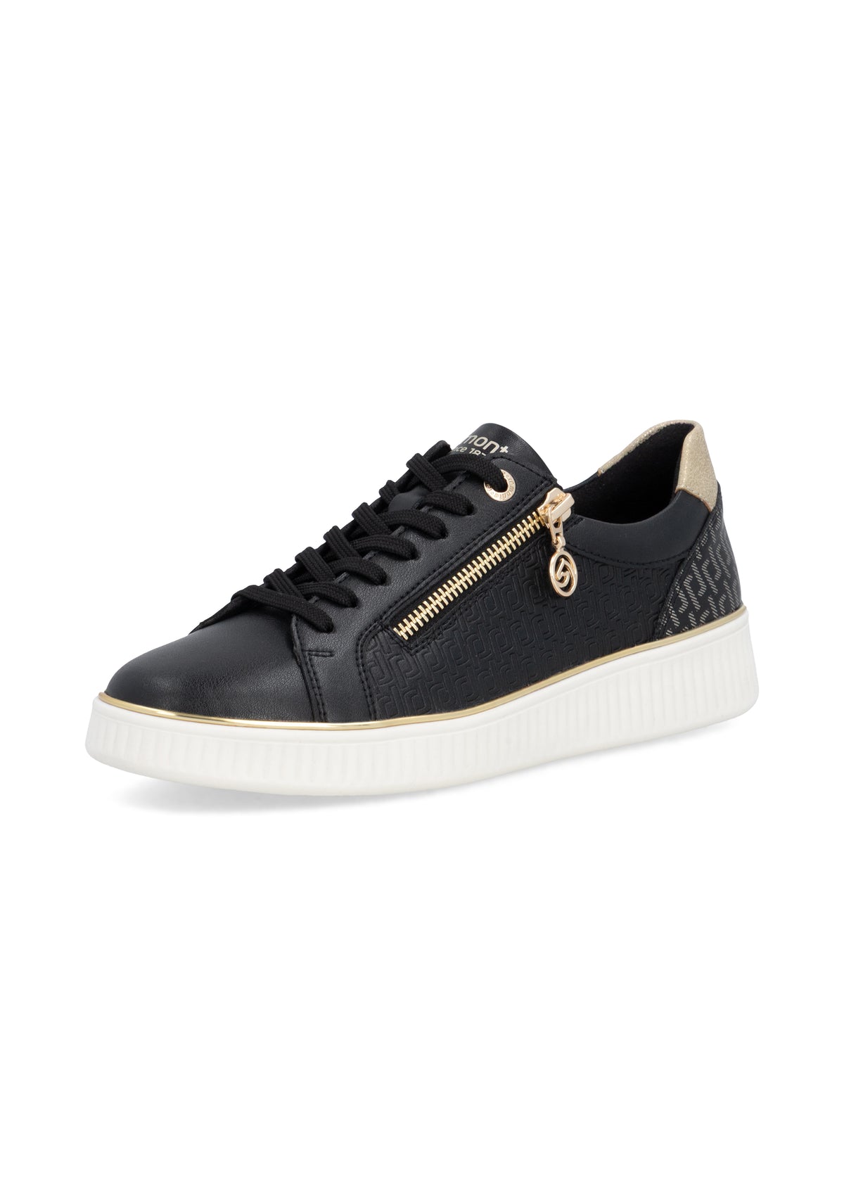 Sneakers - svart läder, gyllene detaljer, vit sula