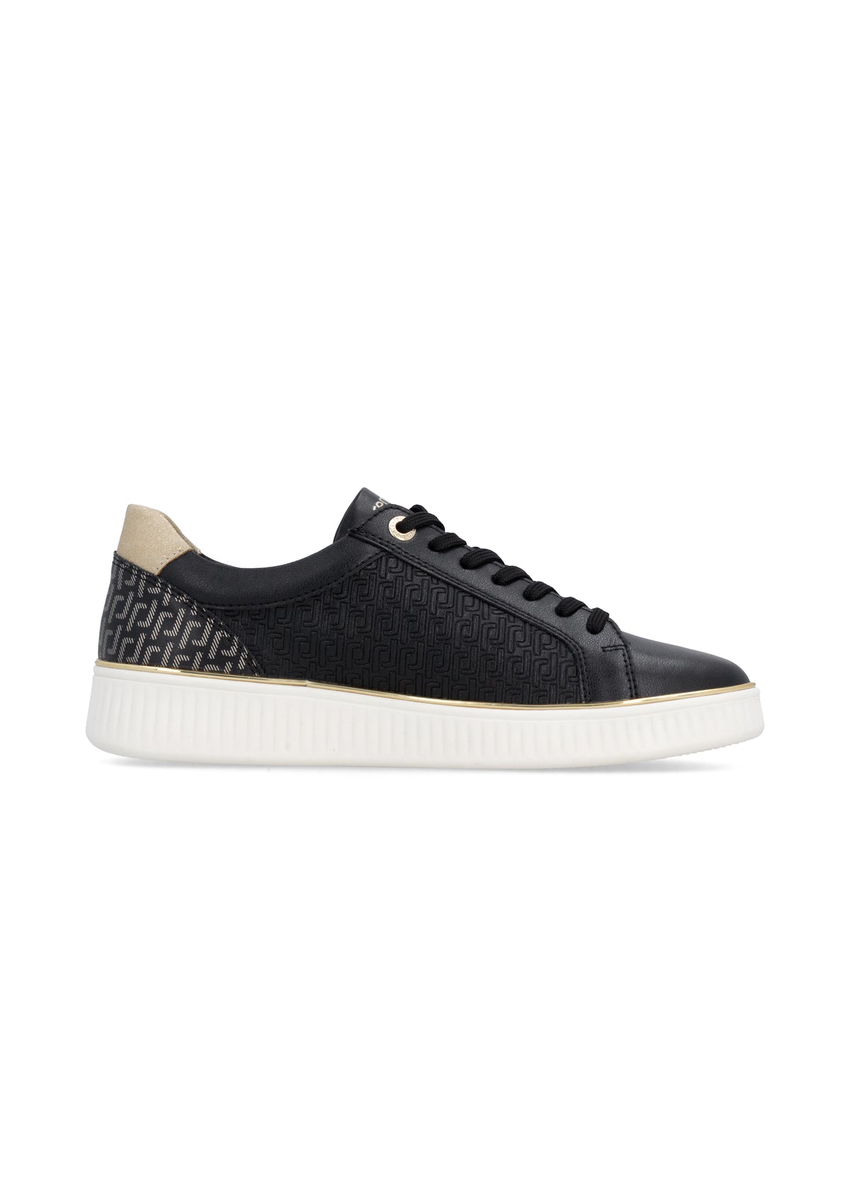 Sneakers - svart läder, gyllene detaljer, vit sula