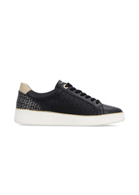 Sneakers - svart läder, gyllene detaljer, vit sula
