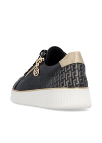 Sneakers - svart läder, gyllene detaljer, vit sula