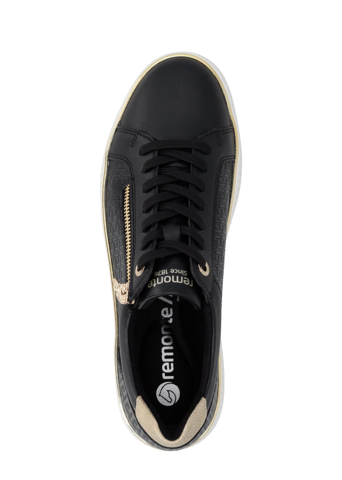 Sneakers - svart läder, gyllene detaljer, vit sula