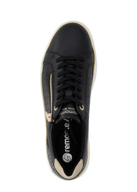 Sneakers - svart läder, gyllene detaljer, vit sula