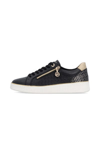 Sneakers - svart läder, gyllene detaljer, vit sula