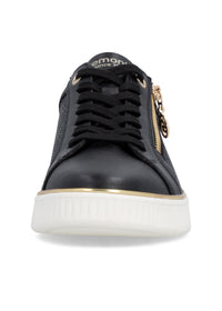 Sneakers - svart läder, gyllene detaljer, vit sula