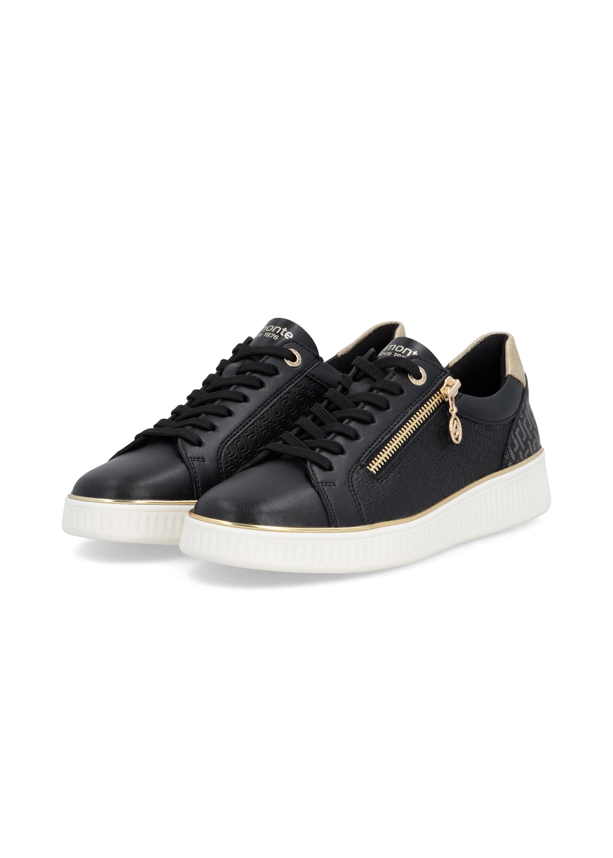 Sneakers - svart läder, gyllene detaljer, vit sula