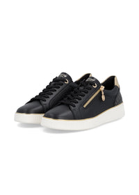 Sneakers - svart läder, gyllene detaljer, vit sula