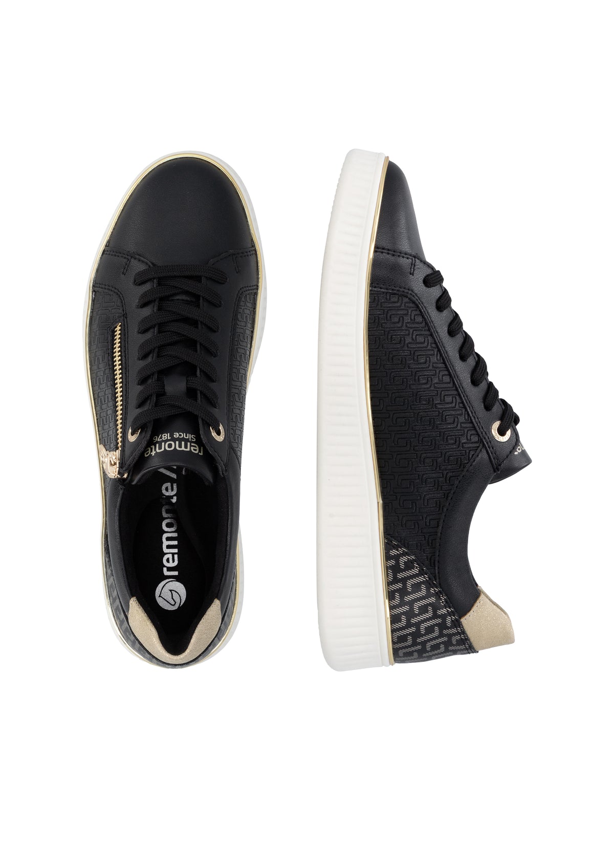 Sneakers - svart läder, gyllene detaljer, vit sula