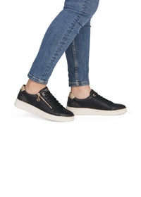 Sneakers - svart läder, gyllene detaljer, vit sula