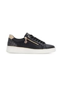 Sneakers - svart läder, gyllene detaljer, vit sula