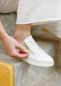 Sneakers - white embossed leather, golden details