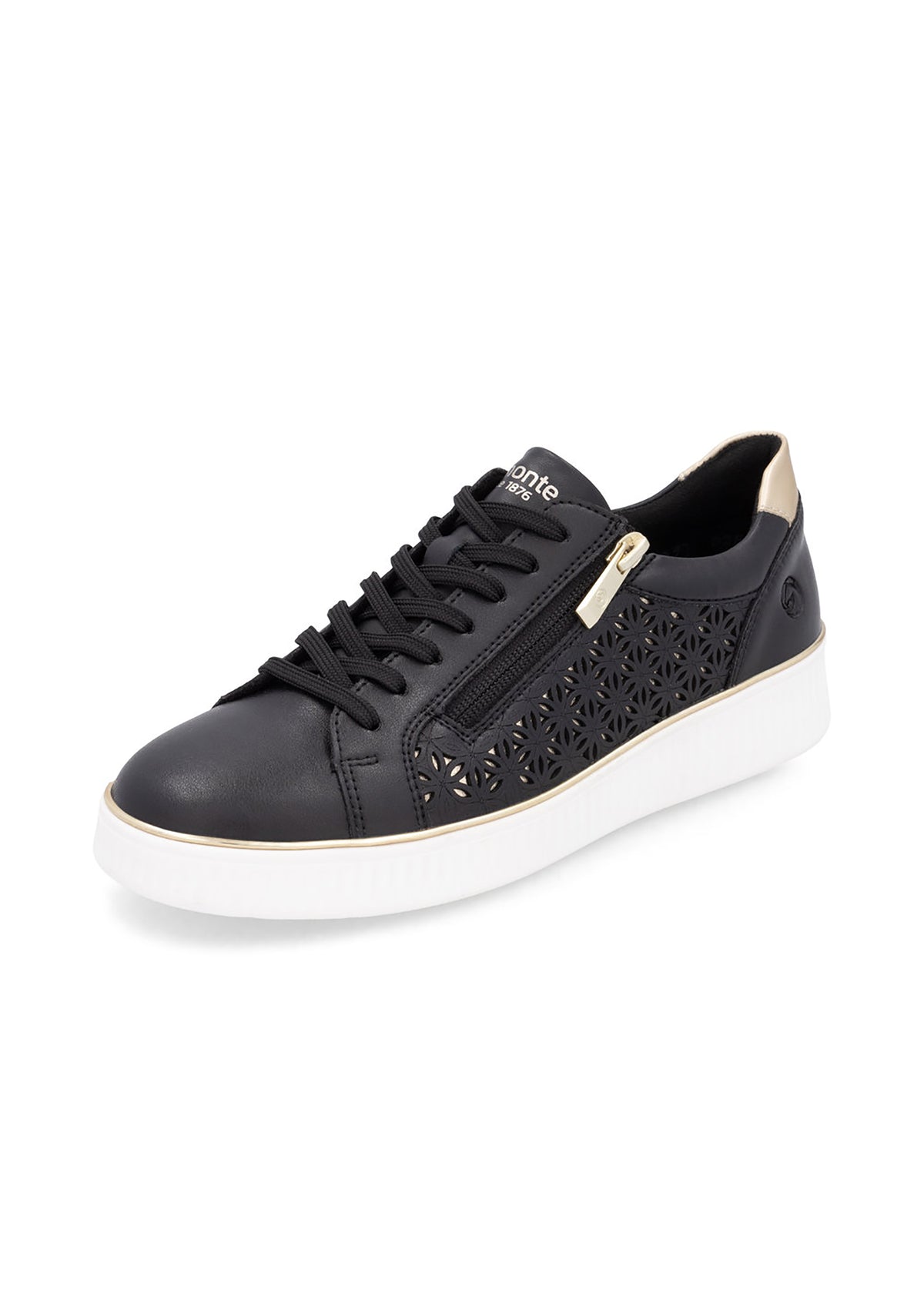 Sneakers - svart läder med hålmönster, gyllene detaljer