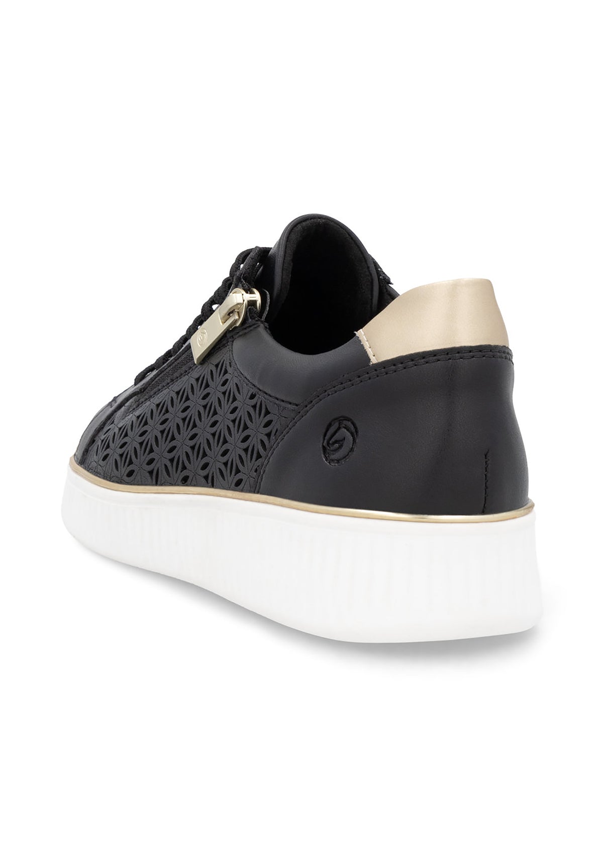 Sneakers - svart läder med hålmönster, gyllene detaljer