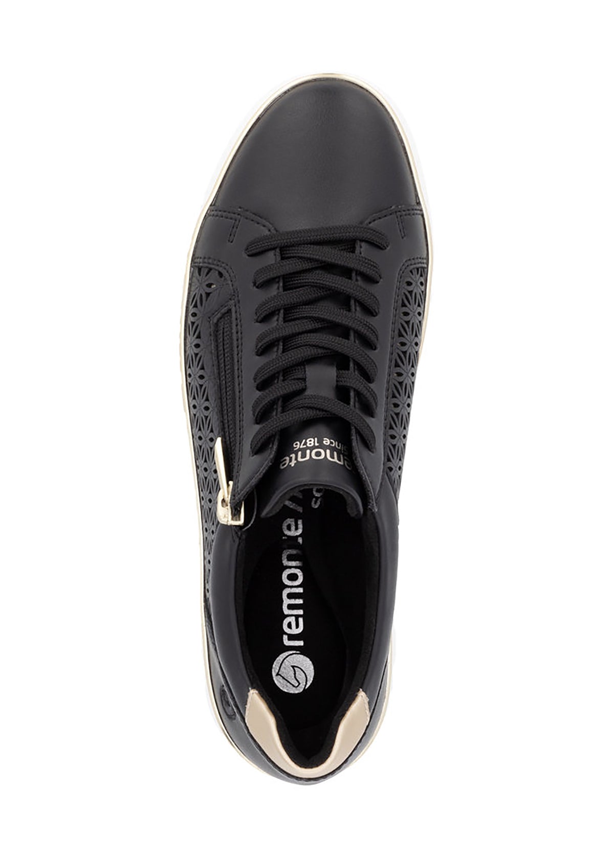 Sneakers - svart läder med hålmönster, gyllene detaljer
