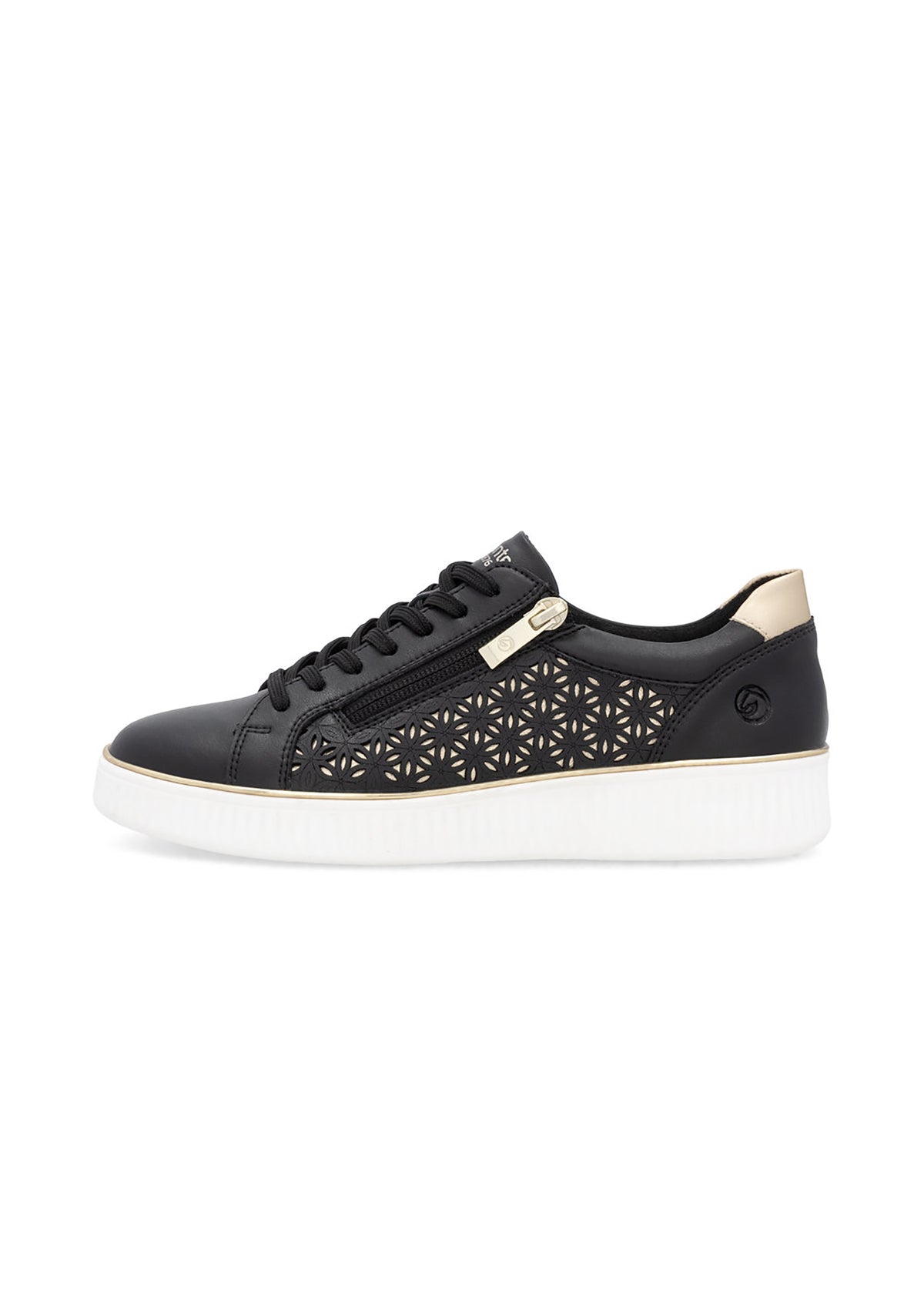 Sneakers - svart läder med hålmönster, gyllene detaljer
