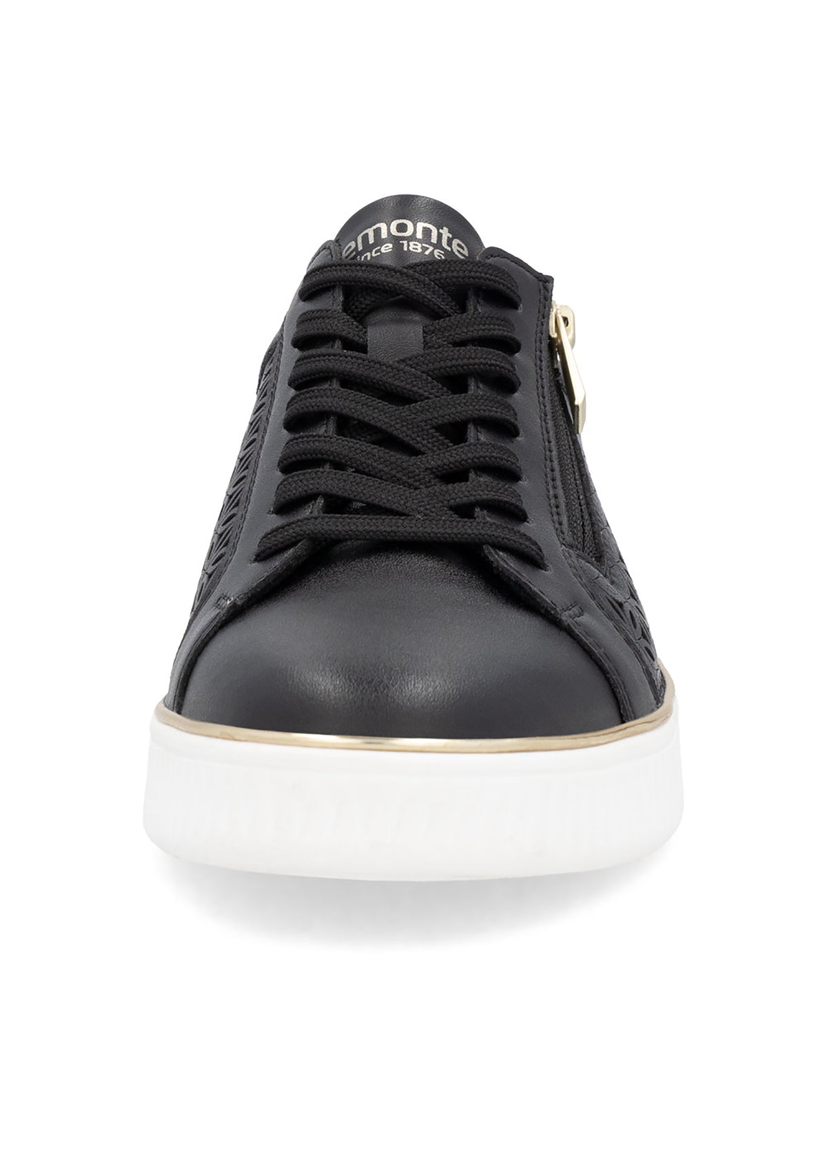 Sneakers - svart läder med hålmönster, gyllene detaljer