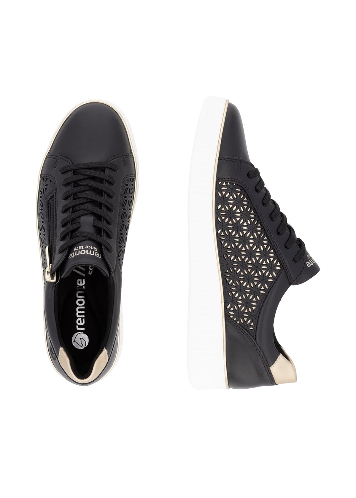 Sneakers - svart läder med hålmönster, gyllene detaljer