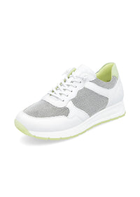 Sneakers with wedge sole - white leather, mesh fabric, elastic laces