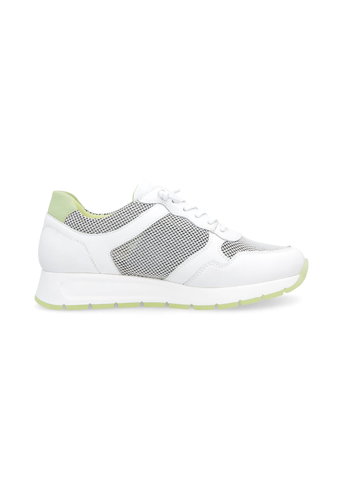 Sneakers with wedge sole - white leather, mesh fabric, elastic laces