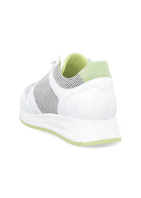 Sneakers with wedge sole - white leather, mesh fabric, elastic laces